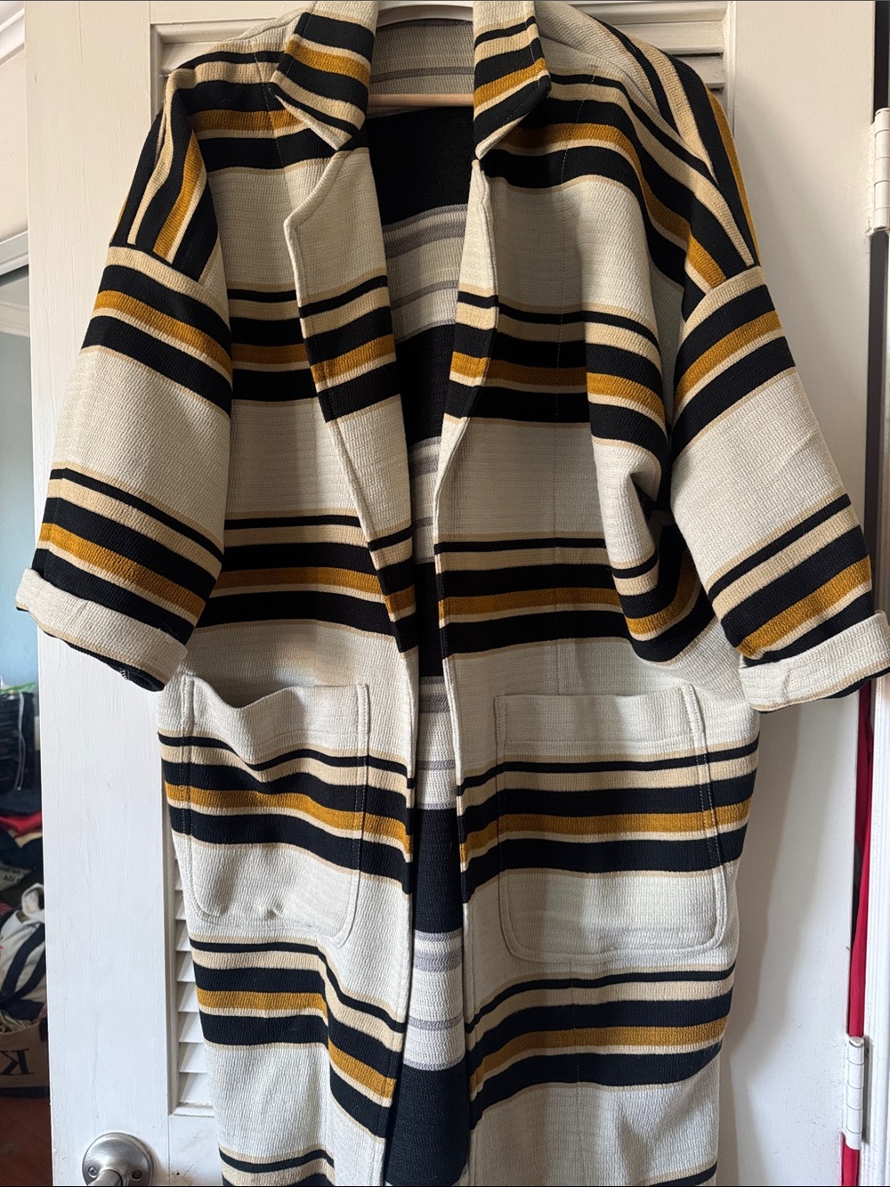 Striped Open-Front Shirt Jacket in Cream, Black & Gold
